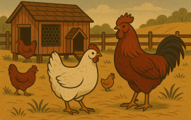 Chickens roaming in front of a chicken coop