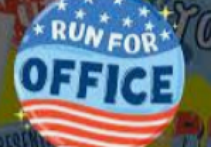 Button with Run for Office on a flag background