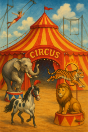 Circus big top with circus animals and a flying trapeze in the background