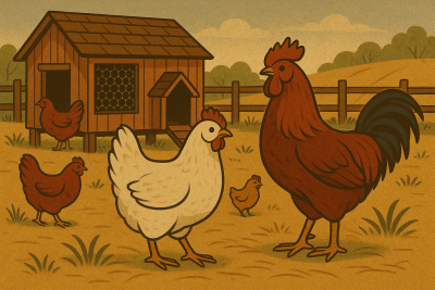 Chickens roaming in front of a chicken coop