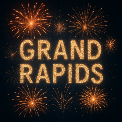 Bursting fireworks surrounding the words Grand Rapids in gold glitter lettering