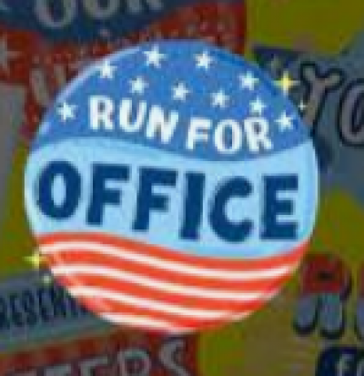 Button with Run for Office on a flag background