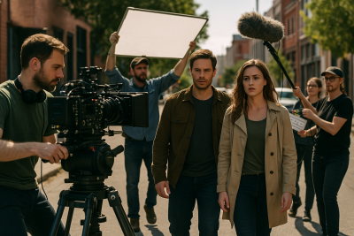 Picture showing film crew with filming equipment
