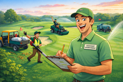 Image of Golf Course with workers caring for greens and main character with clipboard