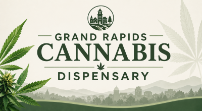 Green and beige image with cannabis plant images, city skyline and the words Grand Rapids Cannabis Dispensary