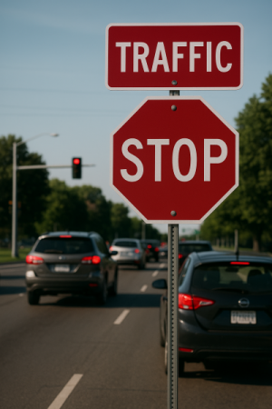 Image showing vehicles on the roadway with a Stop sign in front