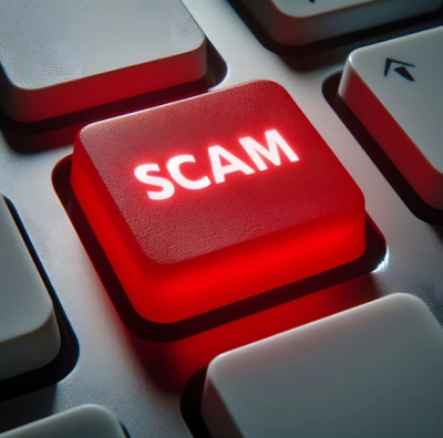 Bright red keyboard key with the word SCAM