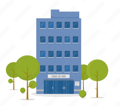 Blue computer generated building image with green trees
