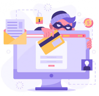 Computer screen with thief creeping behind with credit card