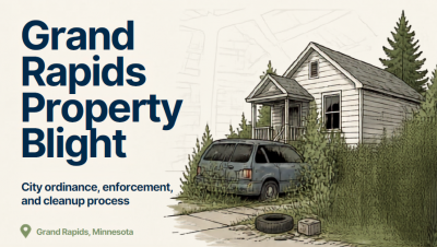 Image of home with overgrown lawn and weeds including inoperable vehicle and trash